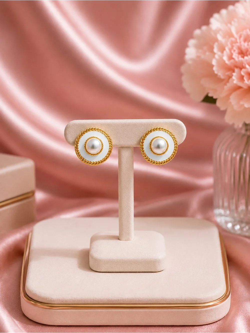 White Pearl Button Gold Earrings